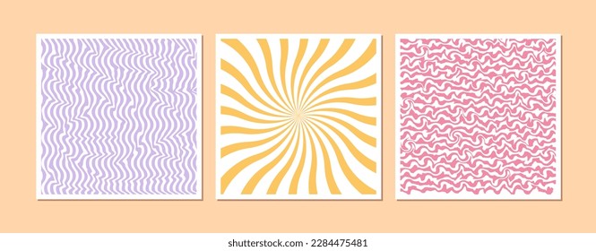 Wavy pattern, optical illusion. Abstract psychedelic background. Poster with 70s retro style. Set of isolated 1970s Retro pattern groovy trippy. Hippie Aesthetic. Y2k style. Vector Illustration