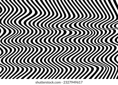Patrón ondulado, ilusión óptica. Resumen de antecedentes psicodélicos. Fondo rayado negro y blanco para tejidos, papel, embalaje. Diseño moderno, textura gráfica. Ilustración vectorial
