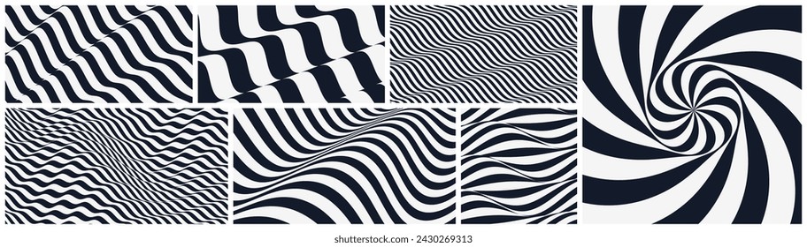Wavy pattern with optical illusion. Black and white design. Abstract striped background. 3d vector illustration.