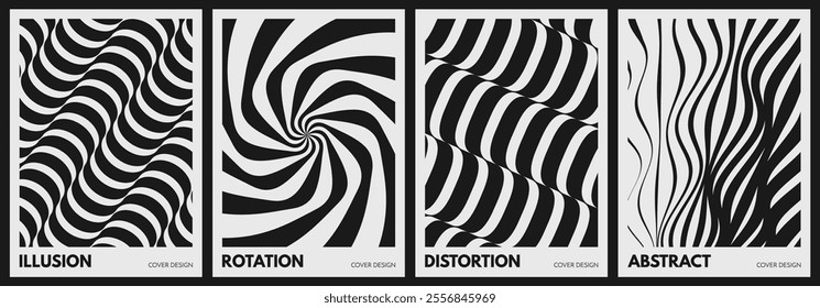 Wavy pattern with optical illusion. Black and white design. Abstract striped background. 3d vector illustration.