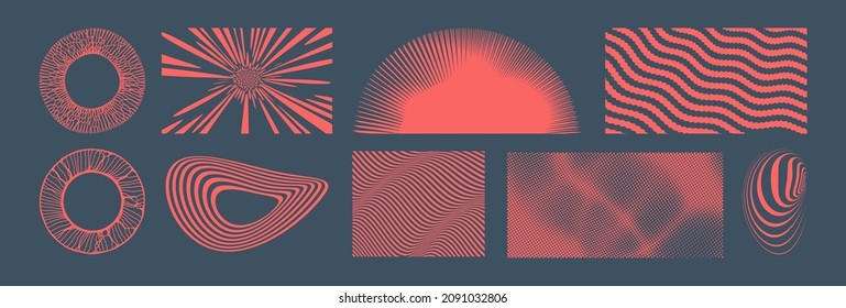 Wavy pattern with optical illusion. Striped figure and background. 3d geometric design. Chaotic small particles strive out of center. Space vortex. Vector illustration.