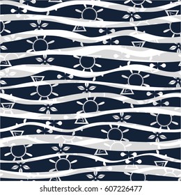 Wavy pattern, stripes, flowers, seamless vector background.