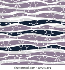 Wavy pattern, stripes, flowers, seamless vector background.