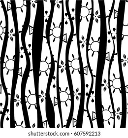 Wavy pattern, stripes, flowers, seamless vector background.