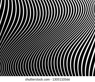 Wavy pattern. Texture with wavy, curves lines. Optical art background. Wave design black and white. Digital image with a psychedelic stripes. Vector illustration  
