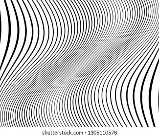 Wavy pattern. Texture with wavy, curves lines. Optical art background. Wave design black and white. Digital image with a psychedelic stripes. Vector illustration  