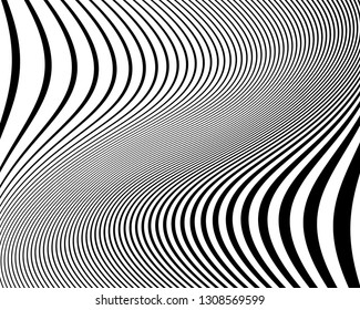 Wavy pattern. Texture with wavy, curves lines. Optical art background. Wave design black and white. Digital image with a psychedelic stripes. Vector illustration  