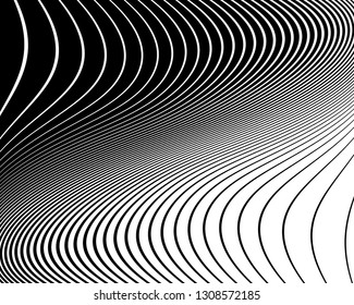Wavy pattern. Texture with wavy, curves lines. Optical art background. Wave design black and white. Digital image with a psychedelic stripes. Vector illustration  