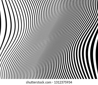 Wavy pattern. Texture with wavy, curves lines. Optical art background. Wave design black and white. Digital image with a psychedelic stripes. Vector illustration  