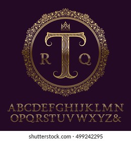 Wavy Patterned Gold Letters With Initial Monogram. Elegant Font For Logo Design. Isolated English Vintage Alphabet.