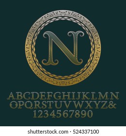 Wavy patterned gold letters and numbers with initial monogram. Elegant font for logo design. Isolated english vintage alphabet.