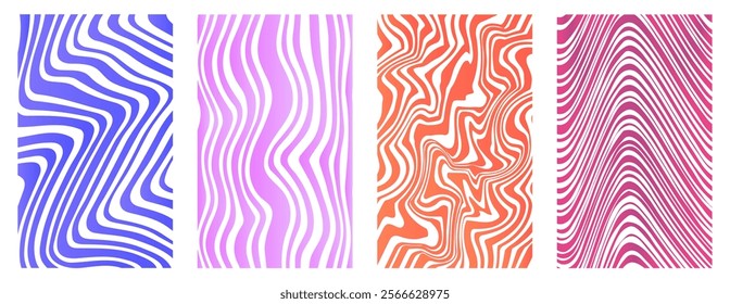 Wavy patterns set. Pink, red, blue and violet abstract seamless patterns. Groovy and funky ornaments. Aesthetics and elegance. Flat vector collection isolated on white background
