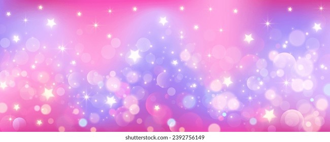 Fondo rosa ondulado. Cielo brillante de unicornio. La galaxia mágica púrpura con bokeh y estrellas. Resumen violeta kawaii