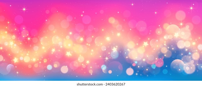 Wavy pink background. Unicorn glitter sky. Fantasy magic purple galaxy with bokeh and stars. Abstract violet kawaii backdrop