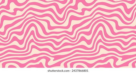 Wavy pink line seamless pattern. Trippy groovy liquid wave background. Repeating retro psychedelic texture in 60s, 70s style. Curve flowing stripe wallpaper for textile, print, wrapping paper. Vector