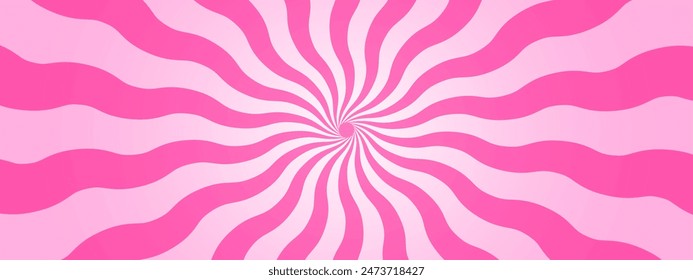 Wavy pink radial stripes background. Strawberry lollipop, candy, yogurt or marshmallow print. Rosy sunburst, explosion or surprise manga style effect. Groovy y2k pattern. Vector cartoon illustration.