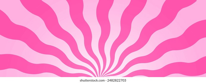 Wavy pink radial stripes background. Strawberry lollipop, candy, yogurt or ice cream print. Rosy sunburst, explosion or surprise manga style effect. Groovy y2k pattern. Vector cartoon illustration.