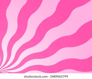 Wavy pink radial stripes corner background. Strawberry lollipop, candy, yogurt, ice cream or marshmallow print. Sunburst, explosion or surprise cartoon effect. Groovy y2k pattern. Vector illustration.