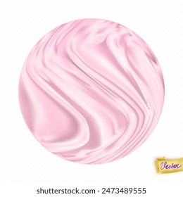 Wavy pink silk texture in circle 3d vector illustration. Gentle satin fabric sample on white background. Color decorative element