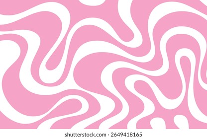 Wavy Pink and White Abstract Background Pattern. Retro Swirls Pink and White Abstract Design. Psychedelic Pink and White Curvy Background. Modern Groovy Pink and White background.
