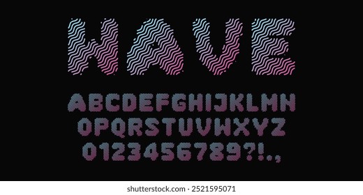 Wavy Pixel Font. 8-bit Symbols, Letters and Numbers with Colorful Twisted Lines. Old School Retro Nostalgic Typeface.