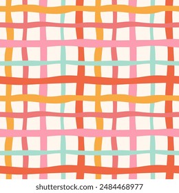 Wavy plaid vector seamless pattern. Hand drawn modern geometric repeat design, cute bright retro color palette. Vibrant bold wobbly crossed stripes on off-white background for textile, decor, print