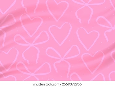 Wavy poster with bows and heats. Trendy Romantic curly decorative vector pattern with bows and hearts. Wavy background with pink bow. Vintage retro design for greeting card, wedding and birthday party