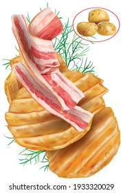 Patatas fritas de patata ondulada con tocino. Ilustración de malla vectorial