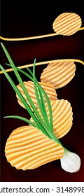 wavy potato chips and green onion on a dark vertical background