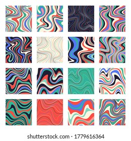 Wavy Psychedelic Backgrounds. Abstract ripple patterns for wed design or print in Hippie style. Square icons for social media stories