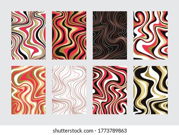 Wavy Psychedelic Backgrounds with golden gradient. Abstract ripple patterns for wed design or print. Good for cards, covers and business presentations