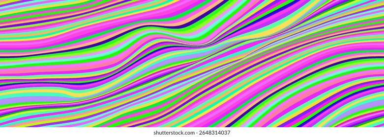 Bolso sin costuras psicodélico multicolor ondulado con rayas vivas en contraste. Trippy fondo. Ilustración vectorial.