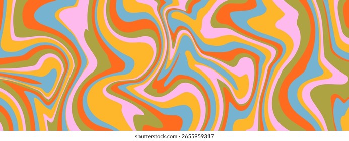 Wavy psychedelic pattern with abstract lines and vector wave background for trippy or retro art. Creamy texture or liquid swirl by groovy print and drip effect. Design in trendy curvy 60s 70s style.