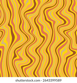 A wavy, psychedelic pattern in warm, earthy tones. Vertical, undulating lines of varying widths in shades of yellow, orange, brown, and muted pink create an optical illusion of movement.
