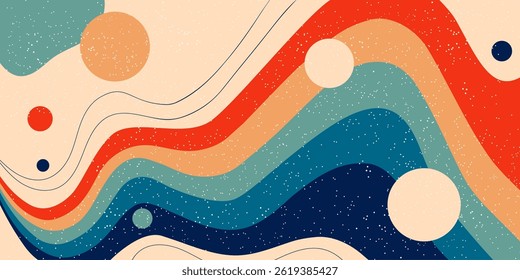 Wavy psychedelic retro banner with colorful stripes. Painted wall with the abstract circles and paint drops. Old-fashioned 1970s design aesthetic, vector illustration.