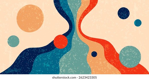 Wavy psychedelic retro banner with colorful stripes. Painted wall with the abstract circles, scratched textures and paint. Old-fashioned 1970s design aesthetic, vector illustrations.