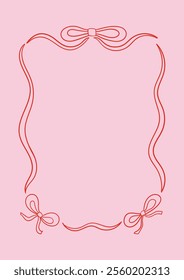 Wavy quirky frame with bows. Vector outline illustration in coquette aesthetic. Greeting card template with hand drawn ribbon frame. Holiday clipart in retro sketch style