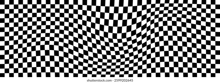 Wavy racing flag. Groovy twisted grid. Undulate chessboard, race flag, textile plaid, tile floor surface. Psychedelic dynamic banner background. Vector graphic illustration