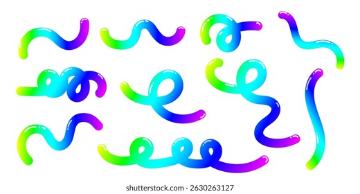 Wavy rainbow gradient lines. Curls, bends, loops of blue, green, yellow, purple colors. Minimalistic 3D vector shapes. Organic, flowing abstract shapes. Isolated.
