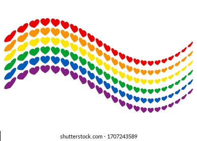 Wavy rainbow LGBT flag with heart shapes. Gay pride flag consisting of six horizontal stripes arranged one below the other. Isolated multi colored illustration on white background.