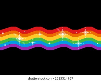 Wavy Rainbow Stripe with Glitters on Black background, Pixel art Style Illustration