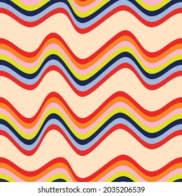 Wavy Rainbow Stripe Retro Seamless Pattern Background 70s 80s Funky