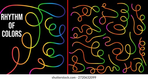 Rayas onduladas del arco iris dinámico vibrante espectro de neón brillante en el patrón digital liso negro para el diseño de fondo abstracto moderno.