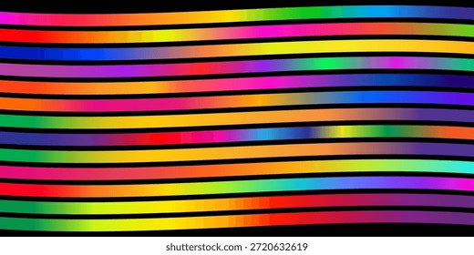 Rayas onduladas del arco iris dinámico vibrante espectro de neón brillante en el patrón digital liso negro para el diseño de fondo abstracto moderno.