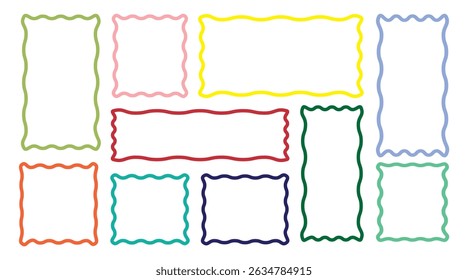 Wavy rectangle border frame. Color squiggle frames set. Zigzag wavy edges, retro scallop frames, psychedelic rectangles, photo frames, text boxes, tags, labels.