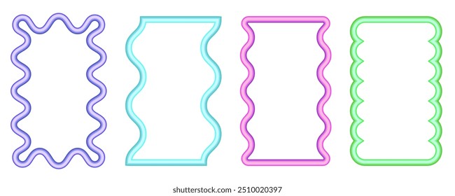 Wavy rectangle border frame. Squiggle edge box. Neon color scallop groovy shape. Retro aesthetic element. Vector trendy cute illustration. 90s design for poster and invitation on white background.