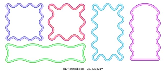 Wavy rectangle border frame. Squiggle square edge box. Neon color scallop groovy shape. Retro aesthetic element. Vector trendy cute illustration. 90s design for poster and invitation