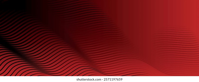 Wavy red background with black lines, creating a dynamic, textured red background with a modern style. Modern wavy line pattern background.