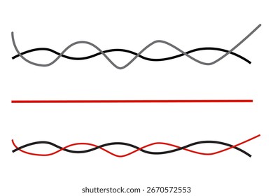 Líneas rojas onduladas. Ondas abstractas negras. Patrón de líquido de Vector. Curvas dinámicas de flujo.