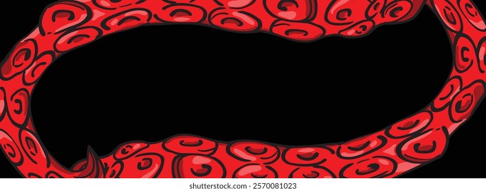Wavy red tentacles with suction cups are creating a frame on black background